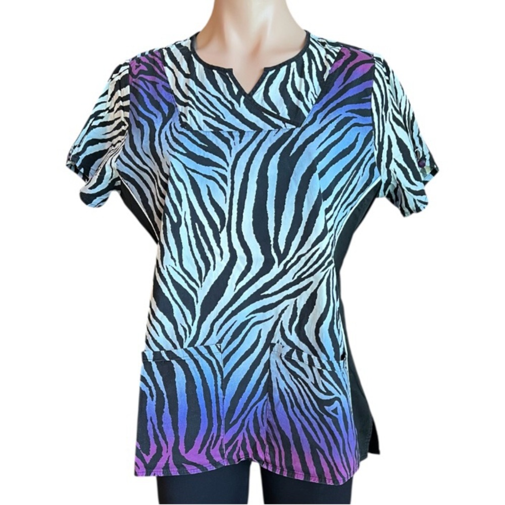 Healing Hands Multicolor Zebra Print Women's Scrub Top GUC
